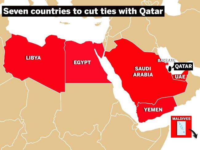 На фото карта из семи стран, объявивших бойкот Катару за финансирование терроризма